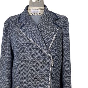 Asymmetrical front zip jacket blazer fully lined navy white fringe lapel XL EUC